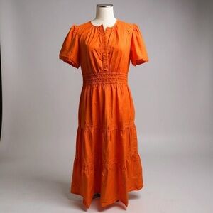 Quince Maxi Dress Vermillion Red Orange Cotton Poplin Tiered Womens Size L